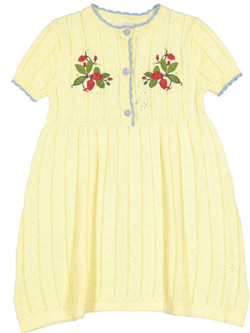 Floss Yellow Knit Dress with Strawberry Embroidery